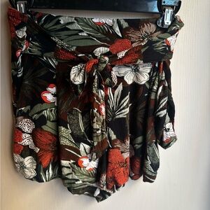 Volcom Black Floral Tie-Waist Skort with Olive & Red Accents